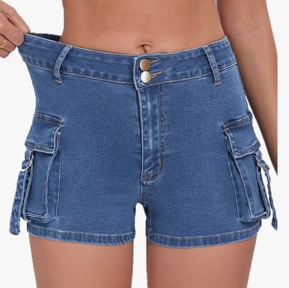 Aotasely Pants - NWT Aotasely Blue Denim Mini Cargo Shorts Size L (12-14)